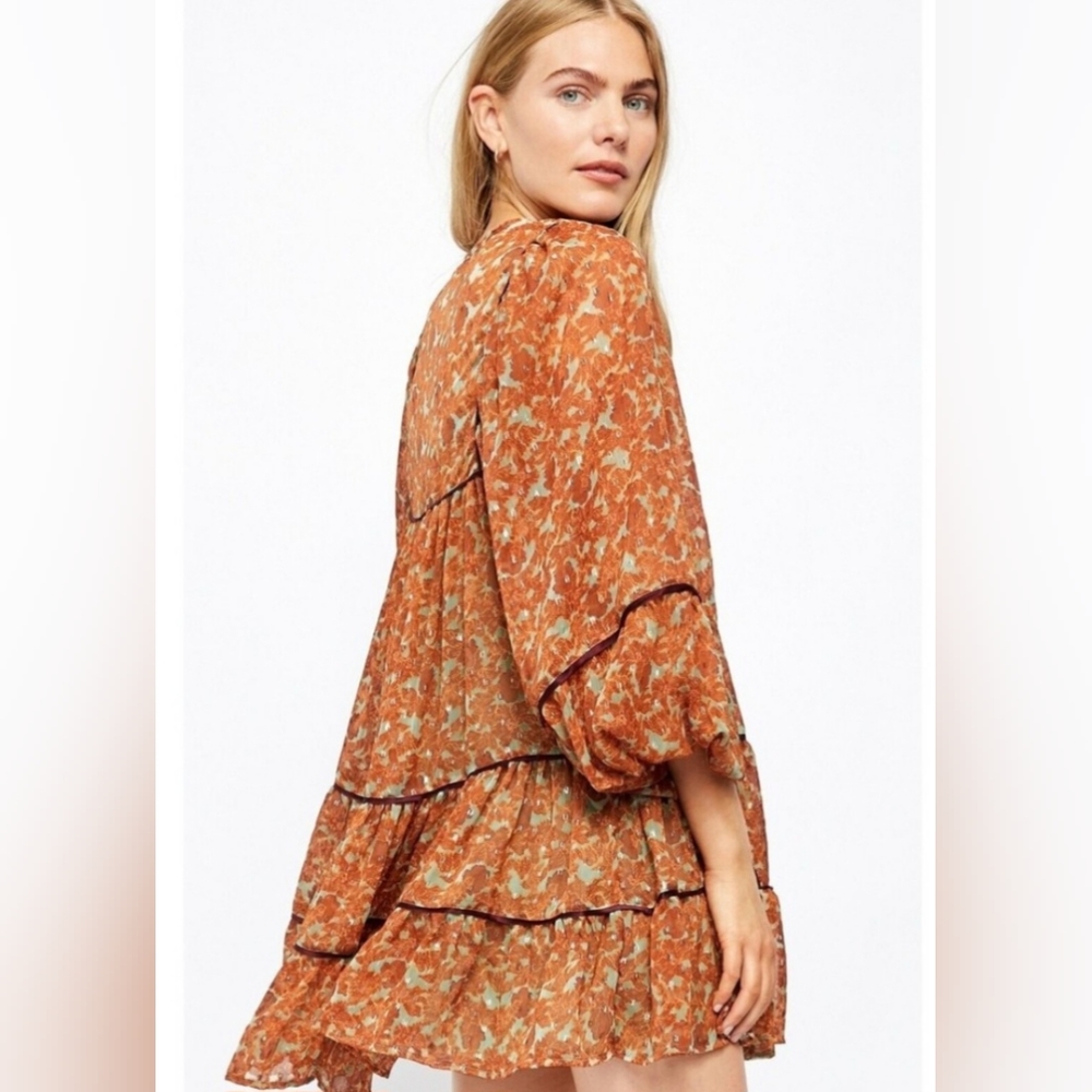 Free people Tiered Babydool Ballon Puff Orange Sheer Mini Dress Size - Picture 3 of 15